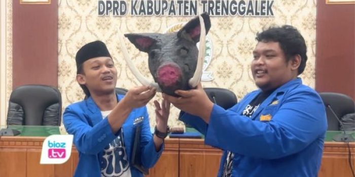 PMII Trenggalek membawa replika kepala babi dalam RDP DPRD saat membahas evaluasi Program MBG.